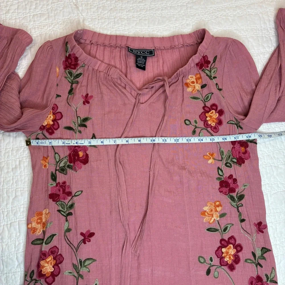 NYCC New York Clothing Co Pink Floral Embroidered Peasant Blouse Boho Top Medium